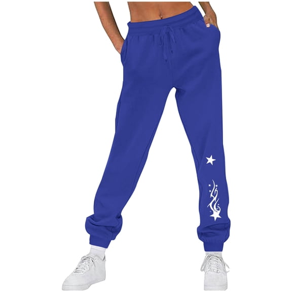 Makaor Womens Joggers with Wide Legs and Pockets Solid Baggy Fleece Loose Sweatpants with Elastic Waist Blue M