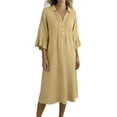 thumbnail image 1 of Makaor Womens Linen Dresses A Line Maxi Dresses Plus Size 3/4 Sleeve Dress Solid Collared Beach Vacation Clothes with Pockets Yellow L, 1 of 6
