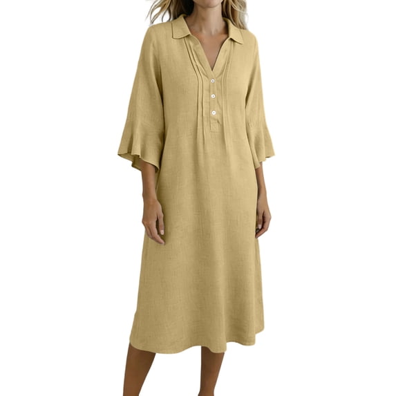 Makaor Womens Linen Dresses A Line Maxi Dresses Plus Size 3/4 Sleeve Dress Solid Collared Beach Vacation Clothes with Pockets Yellow L