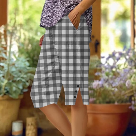 Makaor Womens Long Shorts with Pockets Button Mid Waist Straight Leg Long Short Elastic Waist Plaid Baggy Summer Outfits White M