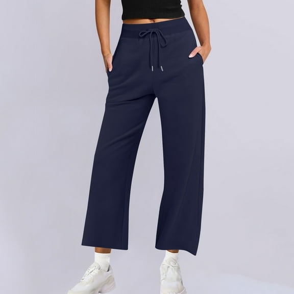 Makaor Womens Lounge Sweatpants with Pockets Straight Leg Solid Elastic Waist Baggy Drawstring Athletic Pants Navy 2XL