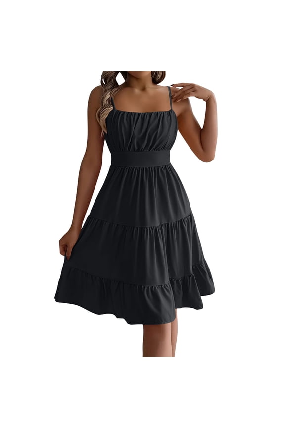 Womens Low Black Dress A Line Ruched Midi Dresses Plus Size Sleeveless Spaghetti Strap Dress Solid Square Neck Empire Waist Open Back Beach Vacation Clothes Black XL
