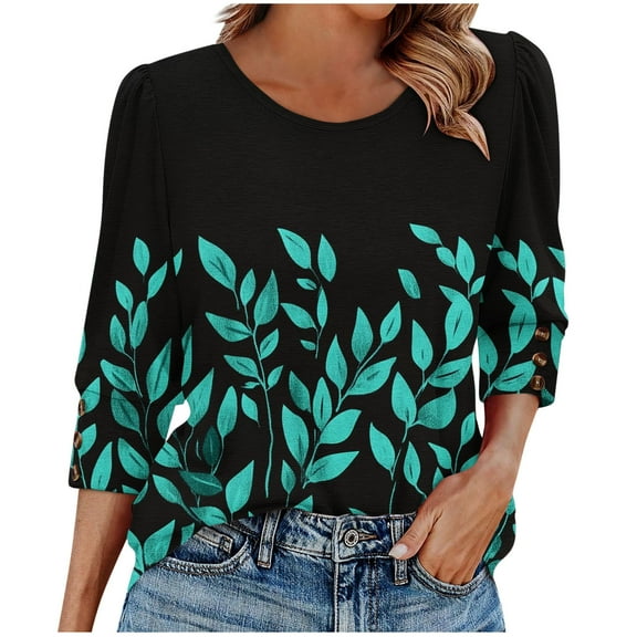 Makaor Womens Plus Size Fall Tops Crew Neck Shirts Button Graphic 3/4 Sleeve Pullover Tees Cute Fashion Outfits