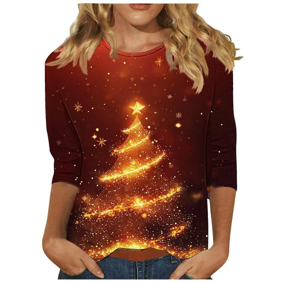Makaor Womens Plus Size Fall Tops Crew Neck Shirts Christmas Tree Graphic 3/4 Sleeve Pullover Tees Cute Outfits Clothes