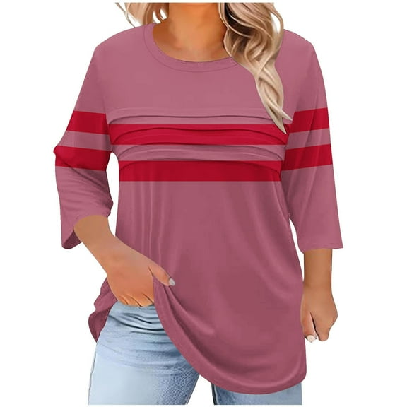 Makaor Womens Plus Size Fall Tops Crew Neck Shirts Tunic Striped 3/4 Sleeve Pullover Tees Casual Fashion Outfits