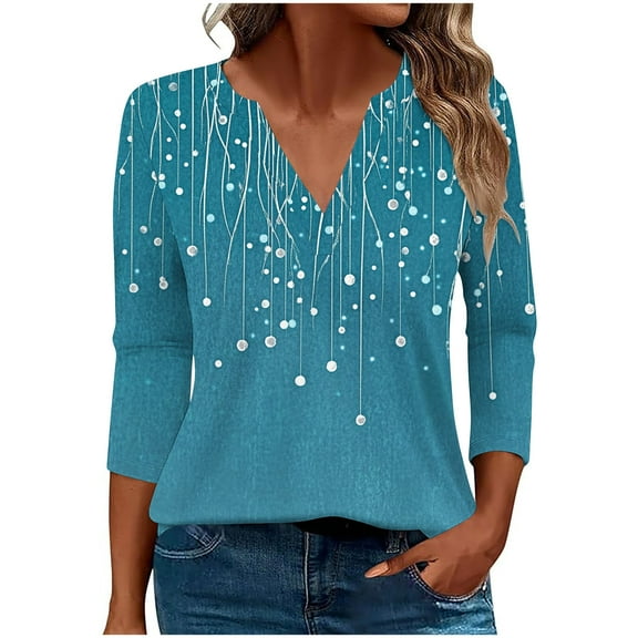 Makaor Womens Plus Size Fall Tops V Neck Shirts Graphic 3/4 Sleeve Pullover Tees Cute Outfits Clothes
