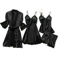 thumbnail image 1 of Makaor Womens Robes Lightweight Plus Size Lace Short Length Solid Long Sleeve 4 Piece Pajamas Black, 1 of 5