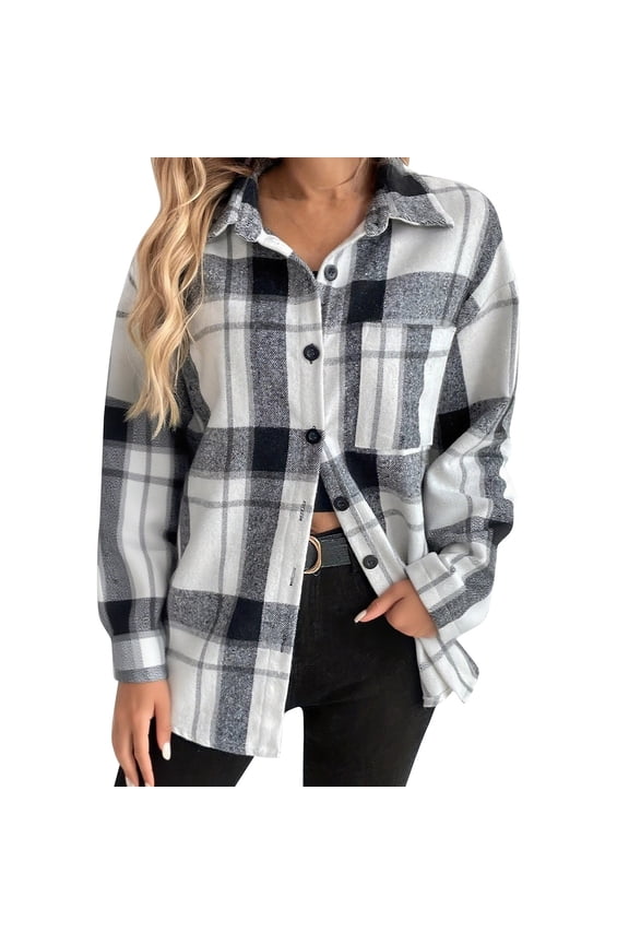 Womens Shacket Collared Jacket Plaid Button Long Sleeve Coat Fall Winter Outerwear Gray XL