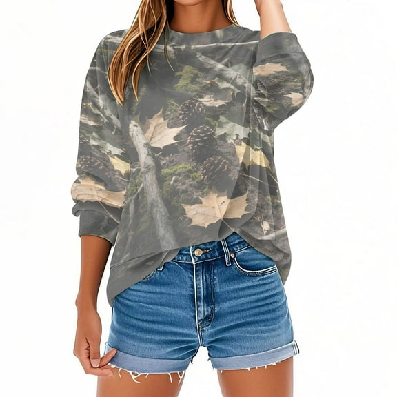 Makaor Womens Sweatshirts Plus Size Crew Neck Tops Camouflage Long Sleeve Pullover Tees Oversized Casual Vacation Clothes
