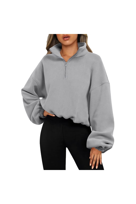 Womens Sweatshirts with Zipper Zip Mock Neck Tops Fleece Long Sleeve Pullover Solid Casual Fall Clothes Gray S