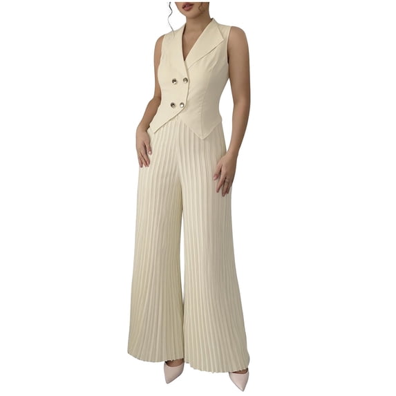Makaor Womens Work Outfits 2 Piece Solid Color Matching Outfit Lounge Sets Sleeveless Button down Shirts Wide Leg Pants Casual Travel Beach Vacation Clothes