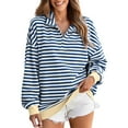 thumbnail image 1 of Makaor Womens Zip up Sweatshirt No Hood V Neck Tops Lightweight Long Sleeve Pullover Striped Casual Fall Clothes Blue, 1 of 6