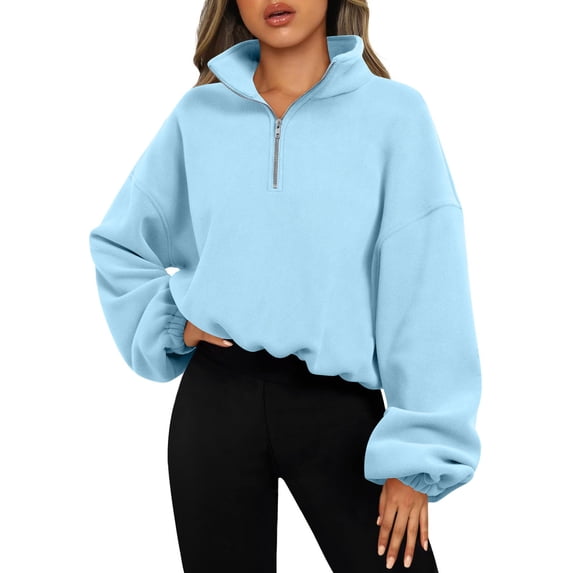 Makaor Womens Zip up Sweatshirt Zip Mock Neck Tops Fleece Long Sleeve Pullover Solid Casual Fall Clothes Light Blue L