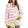 thumbnail image 1 of Makaor Zip up Sweatshirt Womens No Hood V Neck Tops Lightweight Long Sleeve Pullover Striped Casual Fall Clothes Pink, 1 of 6