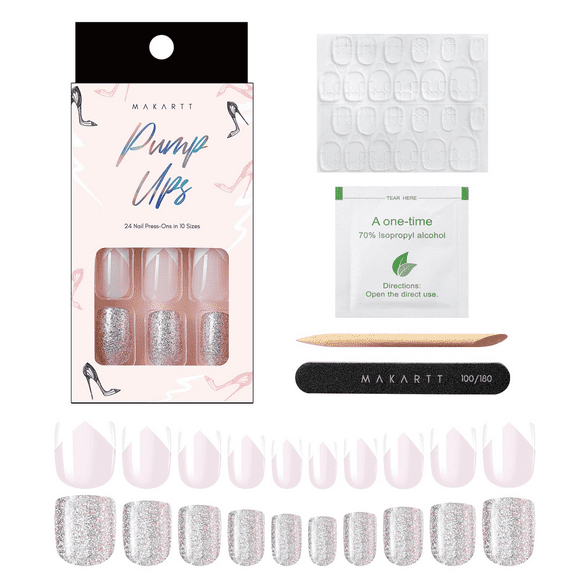 Makartt 24pcs Short Press On Nails 10 Sizes White French & Silver Glitter Acrylic Stick on Nails Fake Nails with Nail Stick Adhesive Tabs Nail File Kit