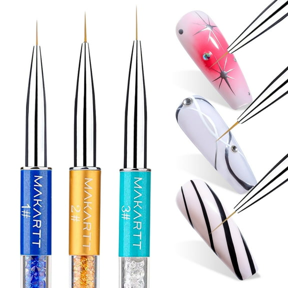 Makartt Fine Nail Art Liner Brushes: 3Pcs 7/9/11mm Thin Brushes for Gel Polish, Nail Design Tools with Diamond Handles and Caps, Ideal for 3D Art, French Tips, and Detailed Patterns