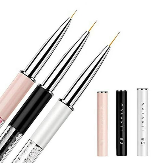 Makartt 3Pcs Nail Art Liner Brush Acrylic Nail Brush Gel Nail Painting Brush Nail Art Design Pen Set Nail Dotting Painting Pen Drawing Nail Brush Set Shiny Diamond Acrylic Handle for Home DIY Salon