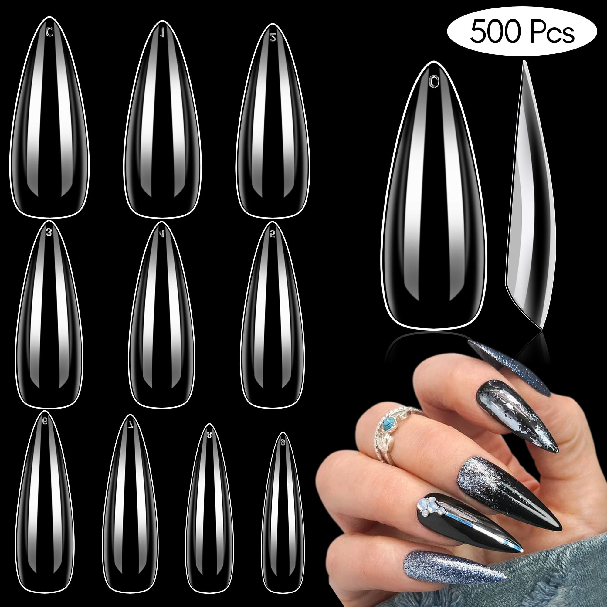 Makartt 500pcs Long Stiletto Fake Nail Tips Clear Acrylic Full Cover