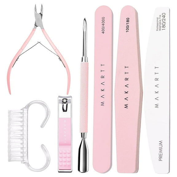 Makartt 7pcs Nail File and Buffer, Pink Basic Nail Prep Kit with Cuticle Trimmer Cuticle Clipper and Nail Brush for Natural Acrylic Nails