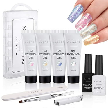 Makartt Glitter Poly Nail Gel Kit,4 Colors Pink Yellow Blue Clear Builder Nail Gel A Fairy Gathering Nail Brush Set All-in-One Kit for Home DIY