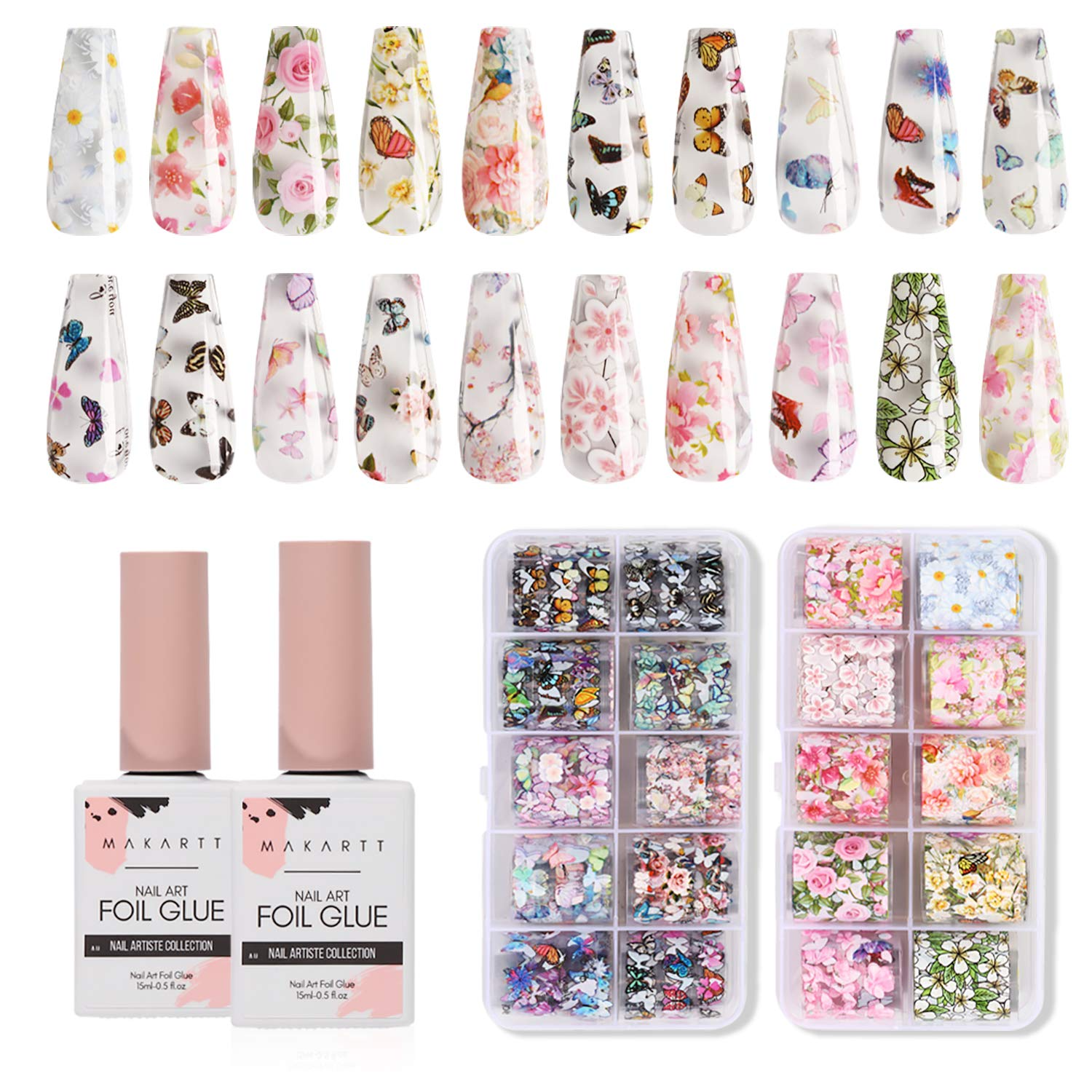 Makartt Nail Art Foil Glue Gel with 20pcs (2.5cm100cm) Flower and Butterfly Foil Sticker Nail Prints Set