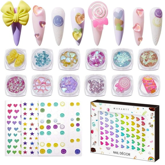 Makartt Nail Decoration Set, Harajuku Lover 12 Boxes Nail Glitters Nail Rhinestones with 3 Sheets Nail Prints Stickers Nail Decoration Accessories Home