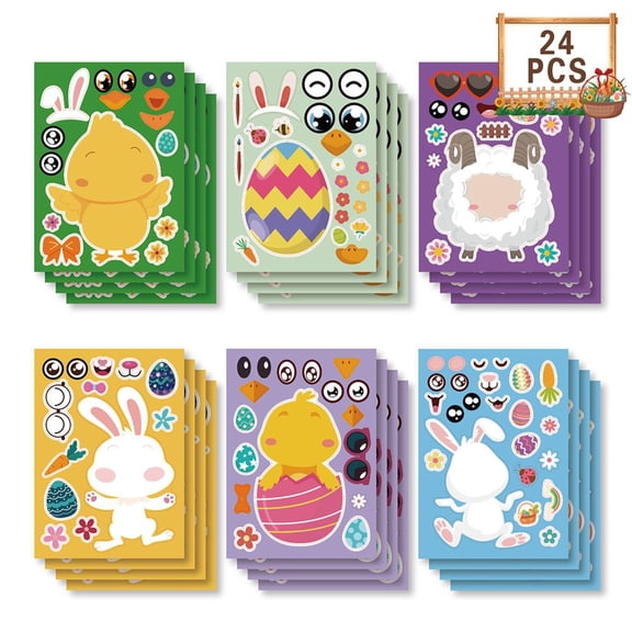 Make-A-Face Easter Stickers for Kids (24 Sheets), DIY Mix & Match Bunny Egg Puzzle Sticker Games, Fun Craft Art Party Favors & Basket Stuffers