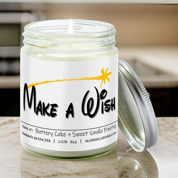 'Make A Wish' Birthday Candle - 9oz All Natural Soy Wax Candle, Essence of Sweet Vanilla & Buttery Cake, Cotton Wick, in Recyclable Glass