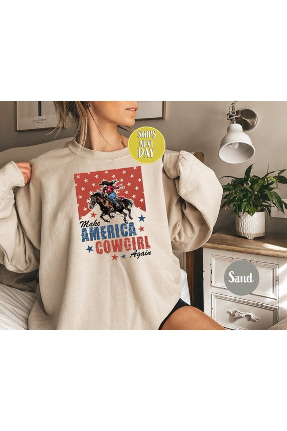 Make America Girl Again Sweatshirt, Western Rodeo Shirt, Cowboy Riding Horse , Patriotic Star Flag , America Girl -PS024