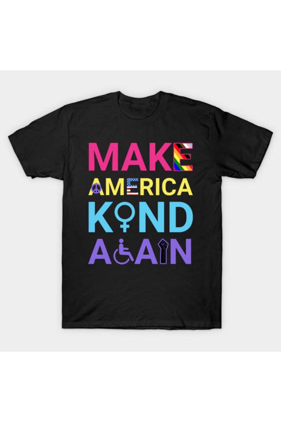 Make America Kind Again LGBTQ+ Peace Symbol Retro Pride Flag Graphic G023 T-Shirt, for men and women, Up to Size 5XL