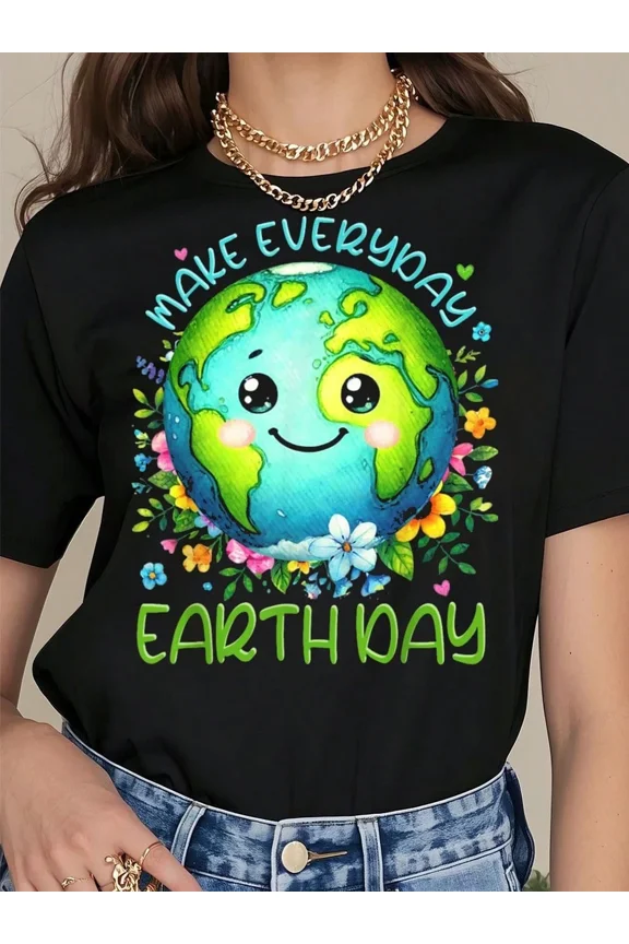 Make Everyday Earth Day Cute Smiling Planet Graphic Tee Retro Floral Eco-Friendly Nature Lover Women's Short Sleeve Black T-Shirt