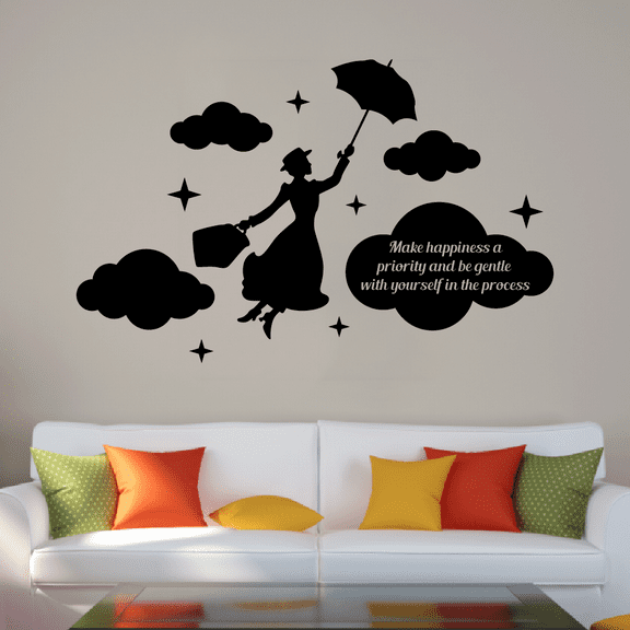 Make Happiness A Priority And Be Gentle With Yourself In The Process Motivation Quote Mary Poppins Flying Umbrella Silhouette Vinyl Wall Art Sticker Decal Home Room Classroom Nursery Size (6x10 inch)