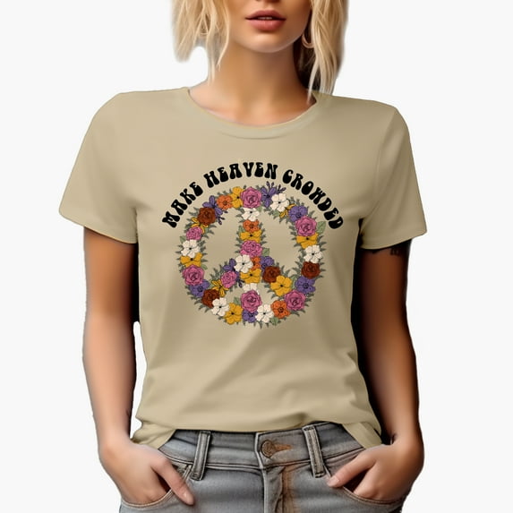 Make Heaven Crowded with a Floral Peace Sign Art Merch Gift, Tan T-Shirt, 3XL