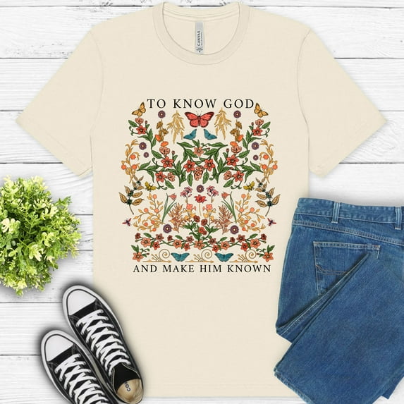 Make Him Known Premium T-Shirt – Faith-Based Botanical Evangelism Tee, Natural, L