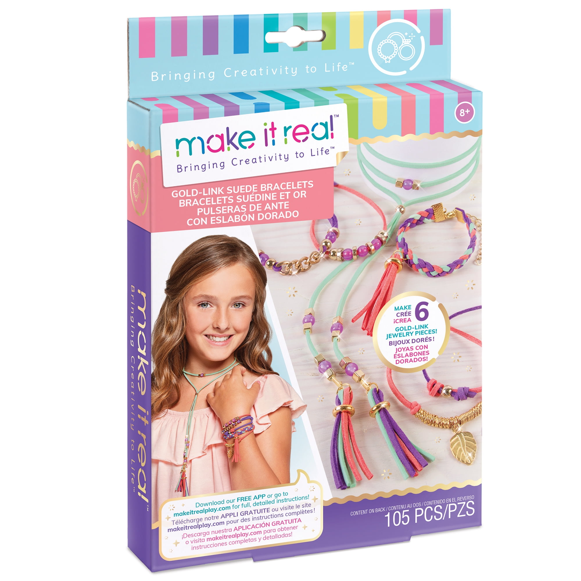 Make It Real: Gold-Link Suede DIY Bracelets Kit - Create 6 Unique Charm  Bracelets,105 Pieces, Mint Coral & Purple, Includes Play Tray, Tweens &  Girls, Ages 8+ 