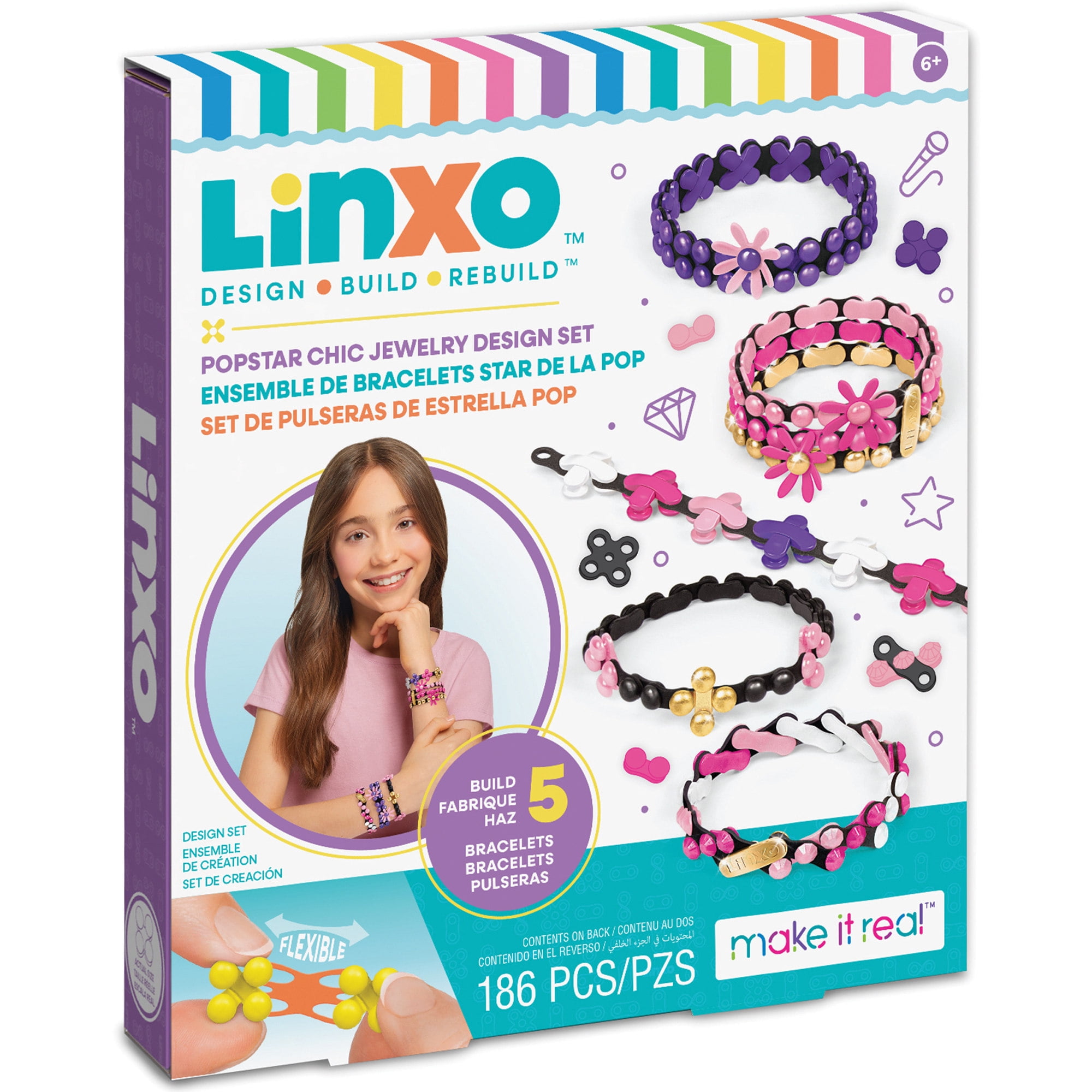 Make It Real: LinXo Popstar Chic Design Jewelry Set - 186pcs, DIY 5 Flexible Bracelets, Design-Build-Rebuild, Craft Activity Kit, Girls & Kids Ages 6+