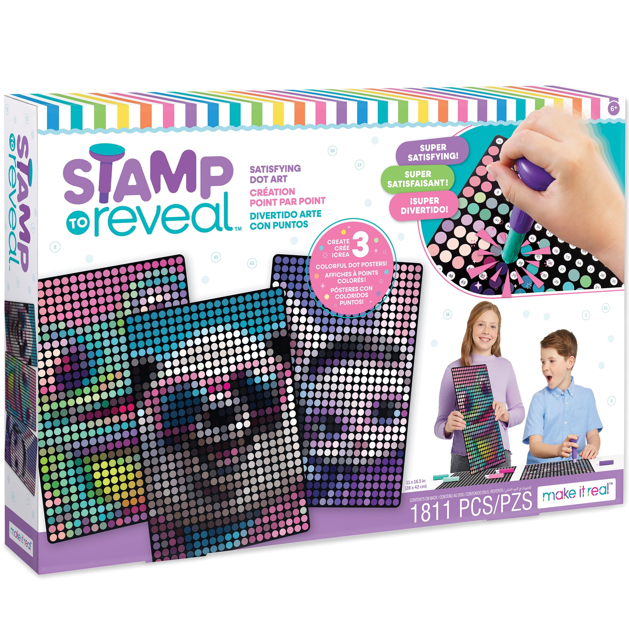 Make It Real: Stamp To Reveal 3 Characters - Bunny, Frog, Panda - DIY 3 Dot Posters, 11 x 16.5", Craft Kit, Artwork Activity, Girls & Kids Ages 6+