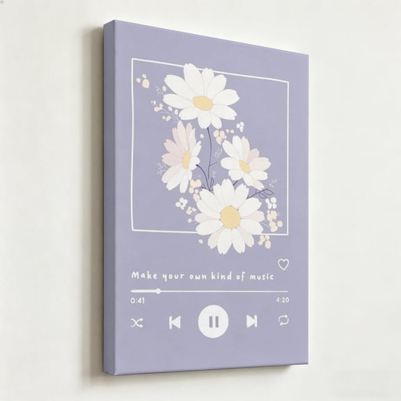 "Make Your Own Kind of Music" Pastel Aesthetic Canvas Art, Retro Media Player & Daisy Botanical Print, Matte Finish Gallery Wrapped Bedroom Decor 8*12