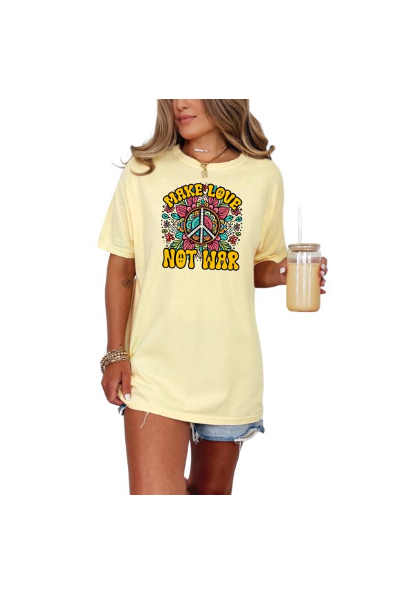 Make Love Not War T-Shirt, Peace Symbol Shirt, Retro Hippie Tee, Groovy Flower Power Top, 60s 70s Vintage Graphic Tee, Boho Inspired, Butter Comfort Colors T-Shirt, XL