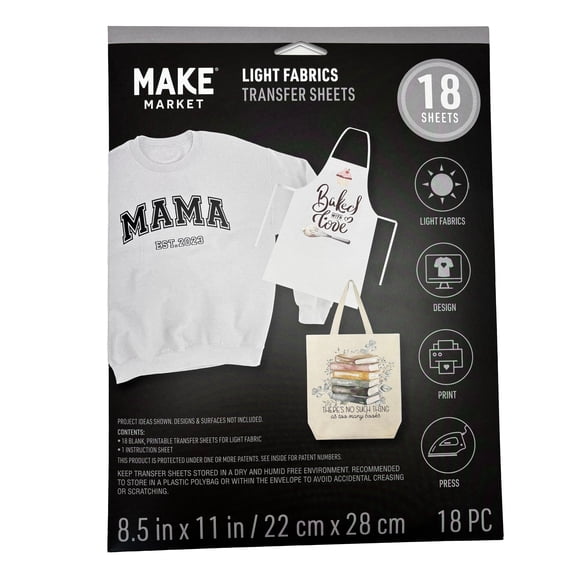 Make Market Iron-On Transfer Paper - Printable Sheets for Light Fabrics - Light - 8.5" x 11" - 18-Count