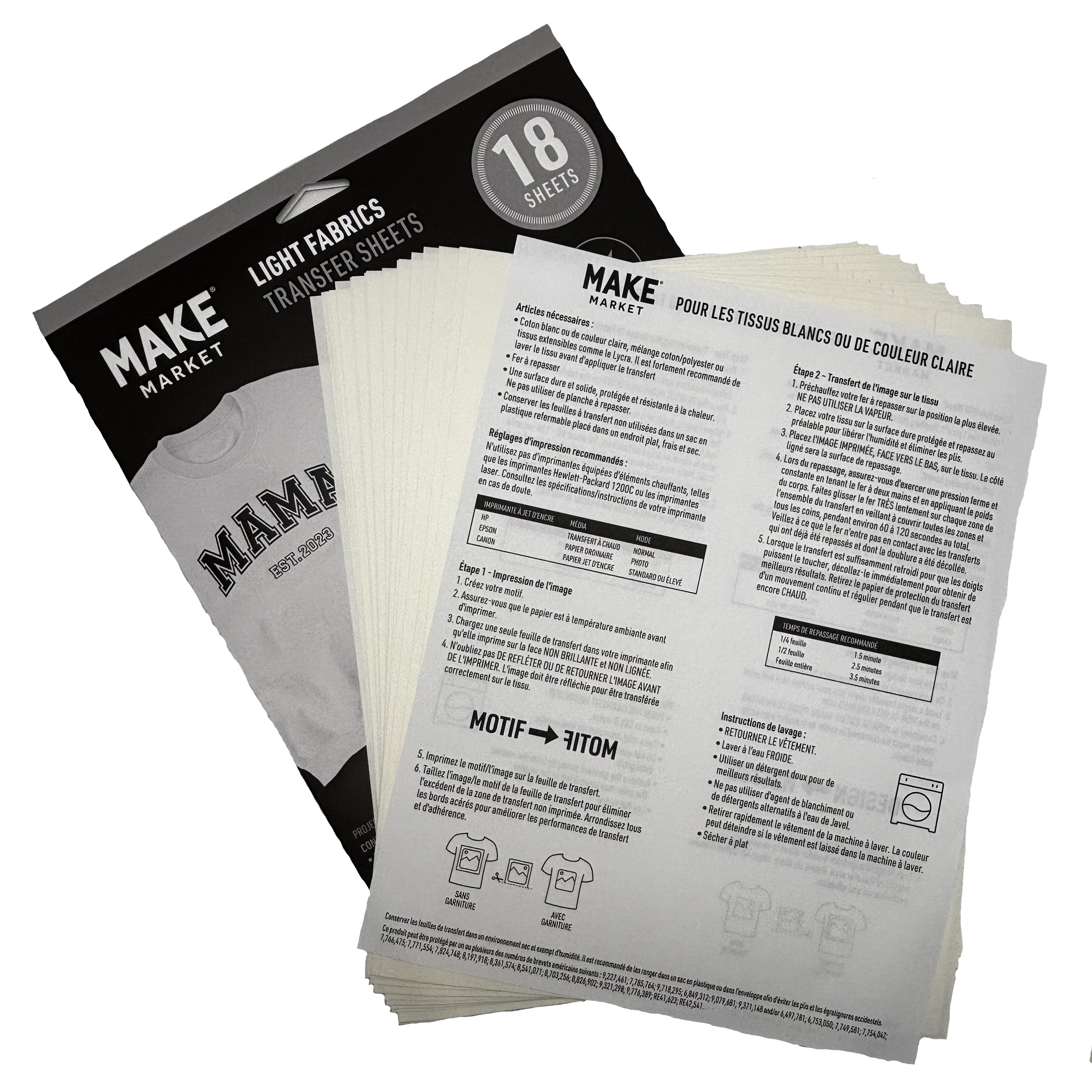 Make Market Iron-On Transfer Paper - Printable Sheets for Light Fabrics - Light - 8.5" x 11" - 18-Count