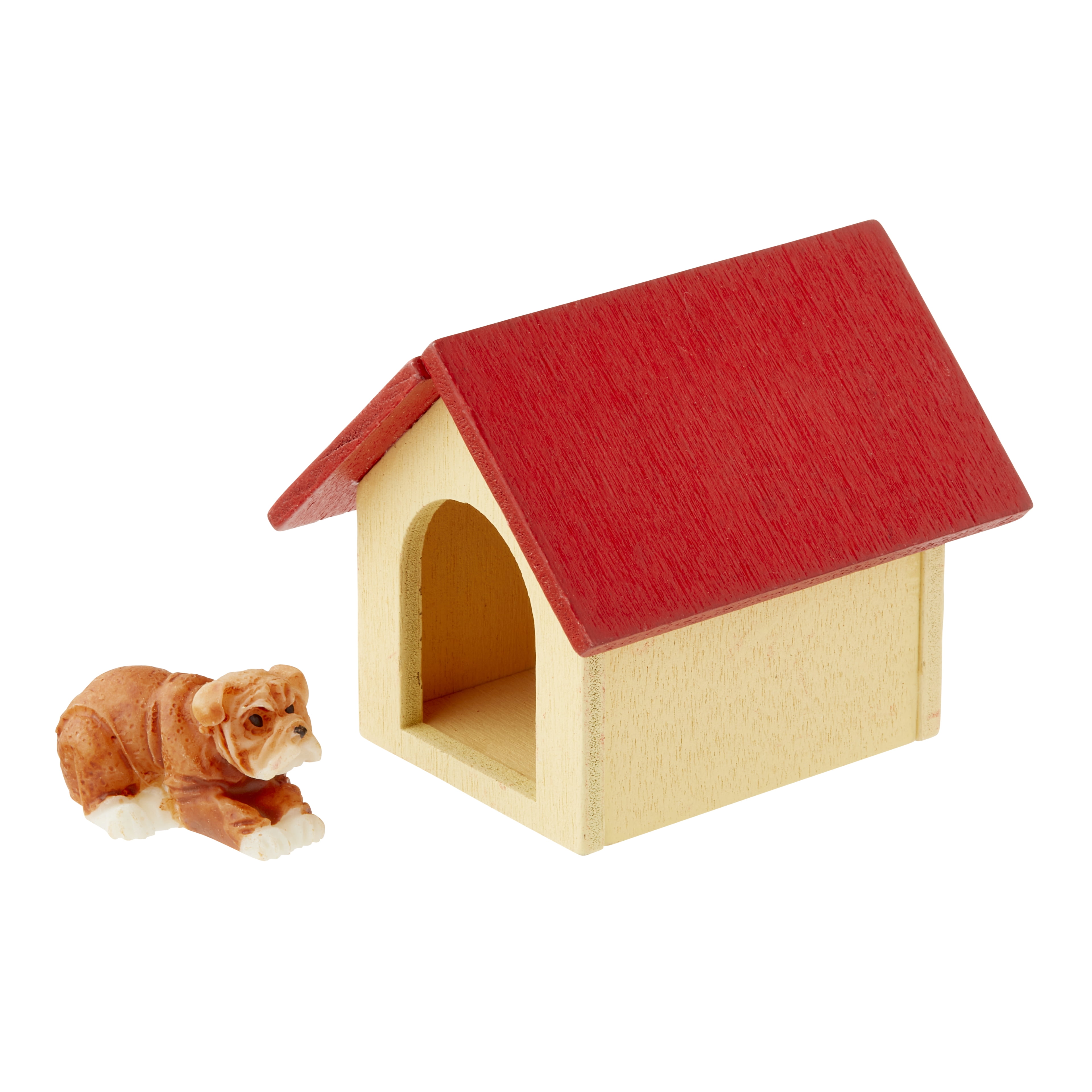 Miniature Wooden Doghouse with Red Roof and Dog Figurine