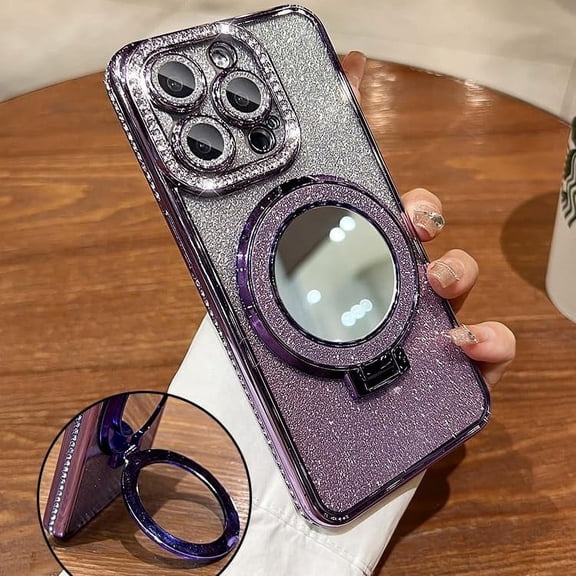 ( Make up Mirror ) Magnetic Kickstand Case for iPhone 15 14 13 12 Pro Max (Sparkling Diamond ) (Glitter Lens Protector ) Cover Shiny Rhinestone Cases (Purple,for iPhone 14 Pro)
