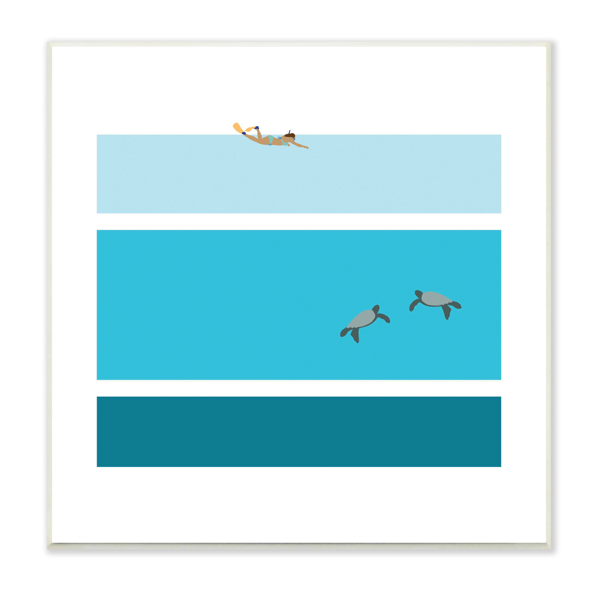 Make Much Studios Sea Turtles Under Scuba Diver Geometric Blue Stripes 12 in x 12 in Framed Painting Canvas Art Print, by Stupell Home Décor