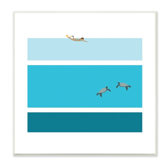 Make Much Studios Sea Turtles Under Scuba Diver Geometric Blue Stripes 12 in x 12 in Framed Painting Canvas Art Print, by Stupell Home Décor