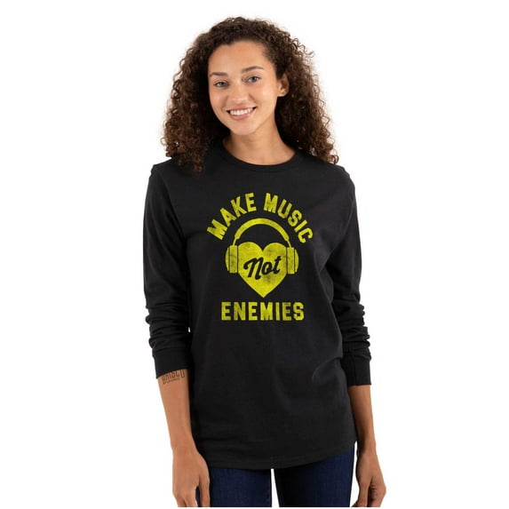 Make Music Not Enemies Cute Adorable Women Plus Size Long Sleeve Graphic Tee Brisco Brands 2X