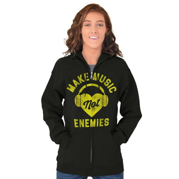 Make Music Not Enemies Cute Adorable Zip Hoodie Sweatshirt Women Brisco Brands M