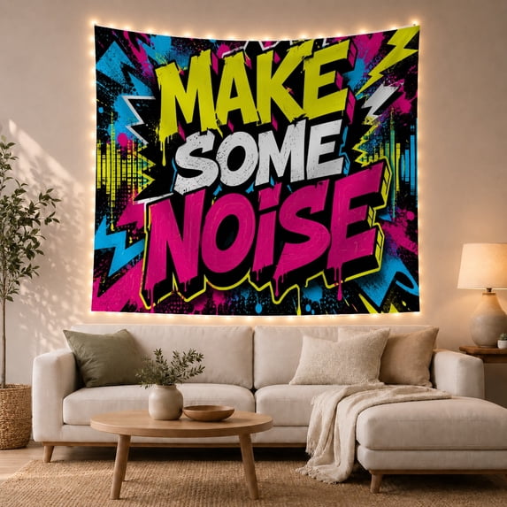 Make Some Noise Graffiti in Urban Streetscape, Energetic Psychedelic for Music Lovers, Bold Urban Wall Art, Birthday Gift Tapestry Wall Hanging for Bedroom and Living Room