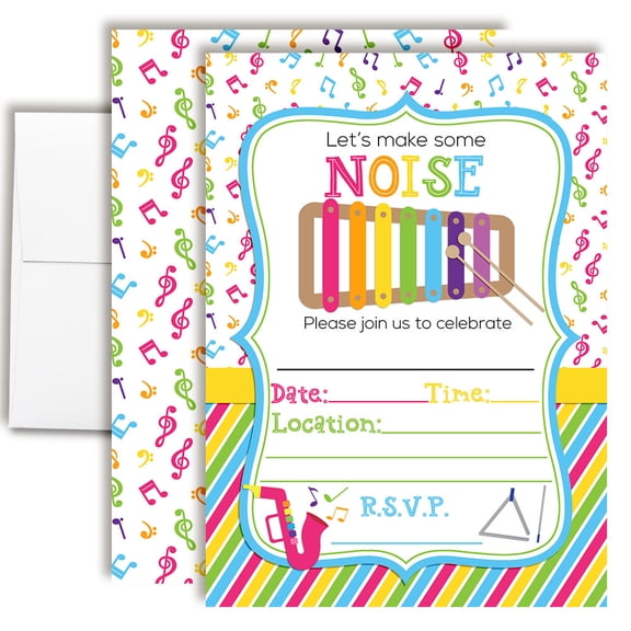 Let's Make Some Noise Xylophone Birthday Invitations for Kids, 20 Fill-In Cards with Envelopes, 5x7 Children's Birthday Party Invitations, Birthday Party Supplies, Made in USA by Amanda Creation