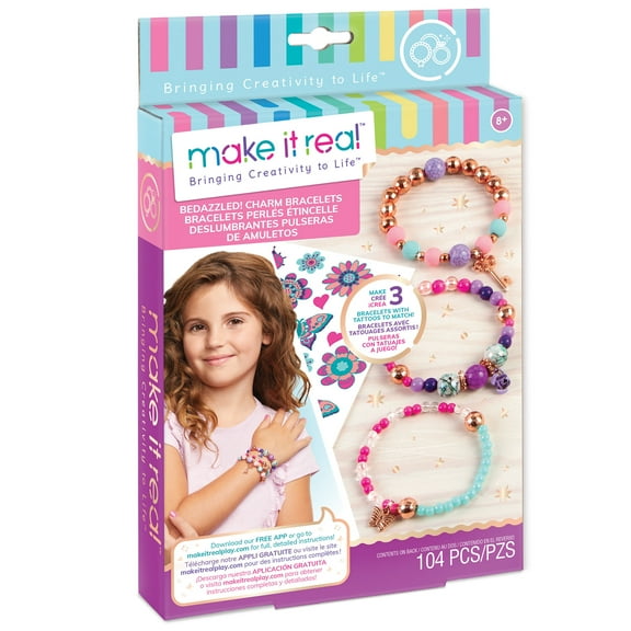 Make It Real: Bedazzled! Charm Bracelets Kit - Blooming Creativity - Create 3 Unique Bracelets, 104 Pieces, Includes Play Tray, All-In-One, DIY Jewelry Kit, Tweens & Girls, Arts & Crafts, Kids Ages 8+